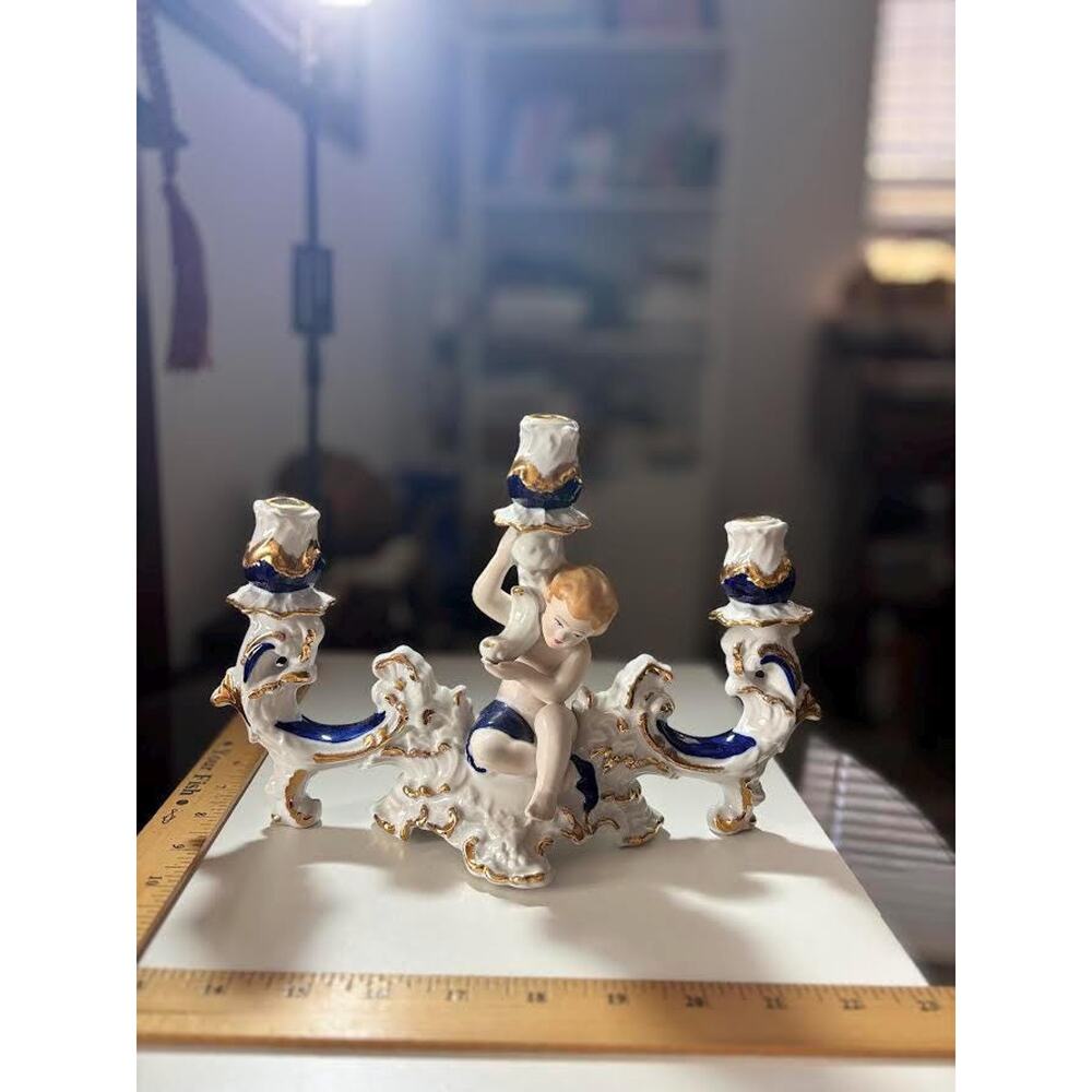 Vintage Porcelain Cherub 3-Light Candelabra – Cobalt Blue & Gold Gilt